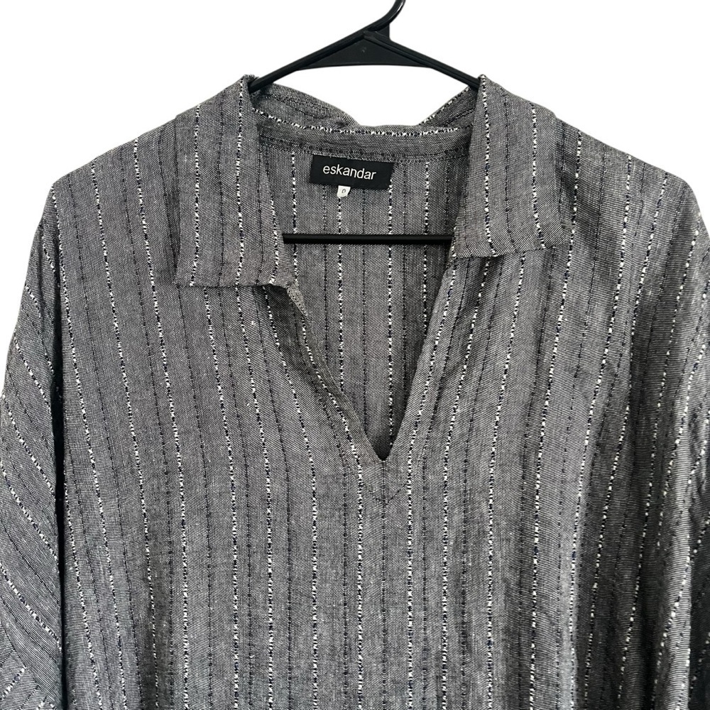 ESKANDAR Linen Blend Oversized Collared Short Sleeve Tunic Top - Picture 4 of 12